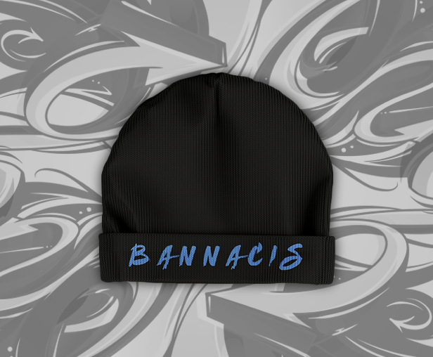 Bannacis black beanie hat front with blue text