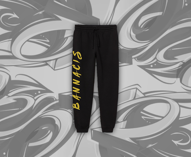 black joggers with yellow branding