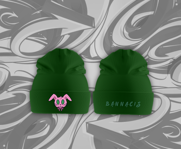 green beanie hat with cartoon pink bunny