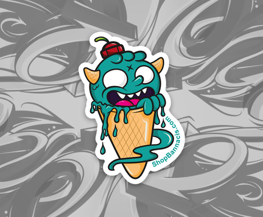 sticker of an ice cream cone with a face and horns