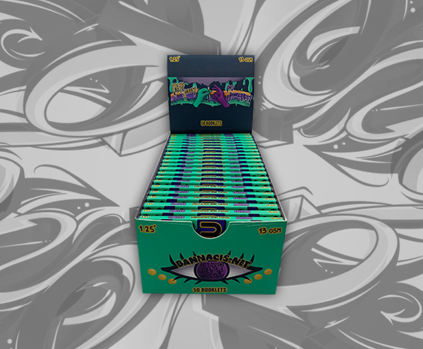 front view of purple and green box of rolling papers