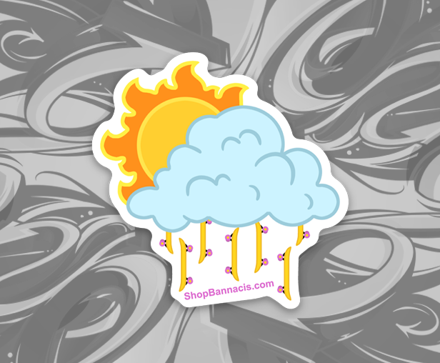 sticker of the sun behind a cloud raining skateboards